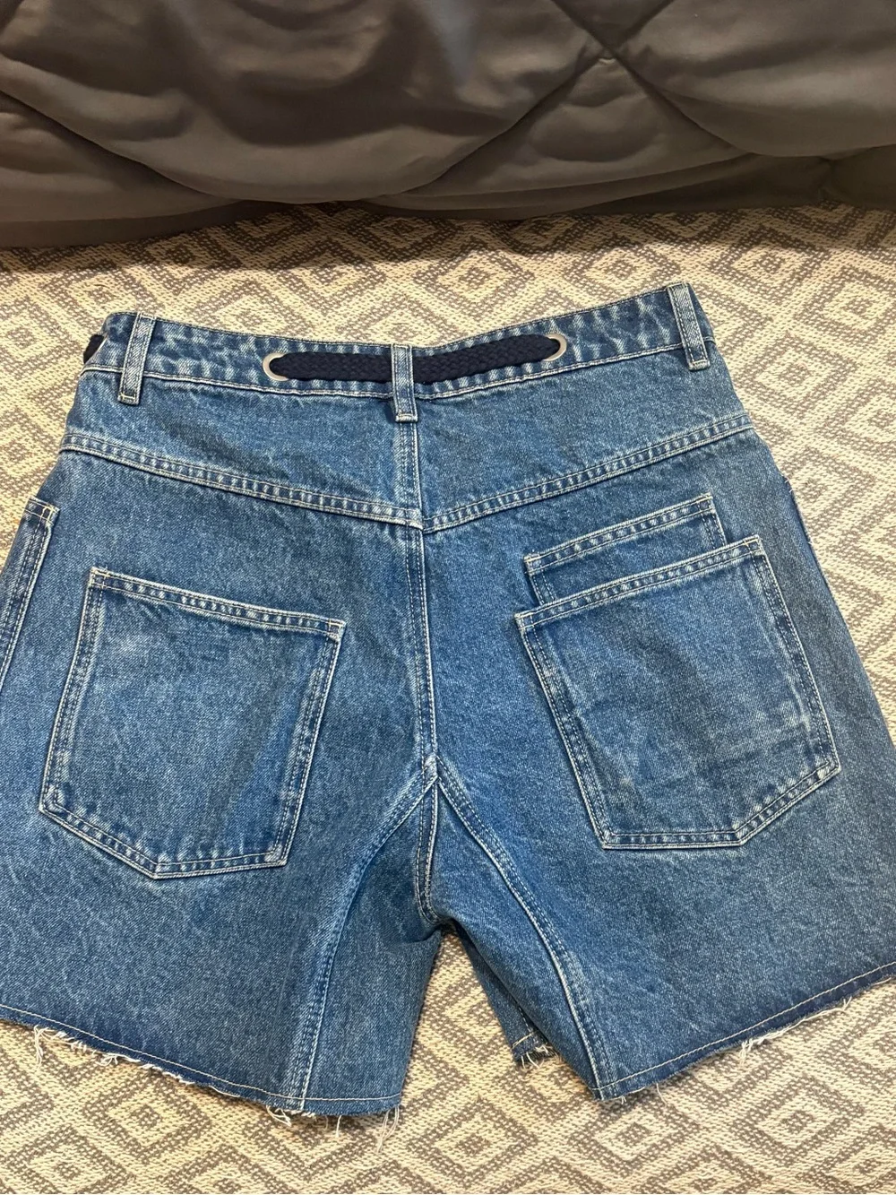 Aaron& Amber High-Waist Women’s Blue Baggy Cargo Denim Jean Shorts with Rope Tie